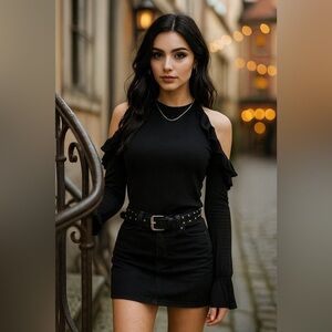 BP Black Ruffle Cold Shoulder Sweater XS Feminine Minimalist Y2K Romantic Fall